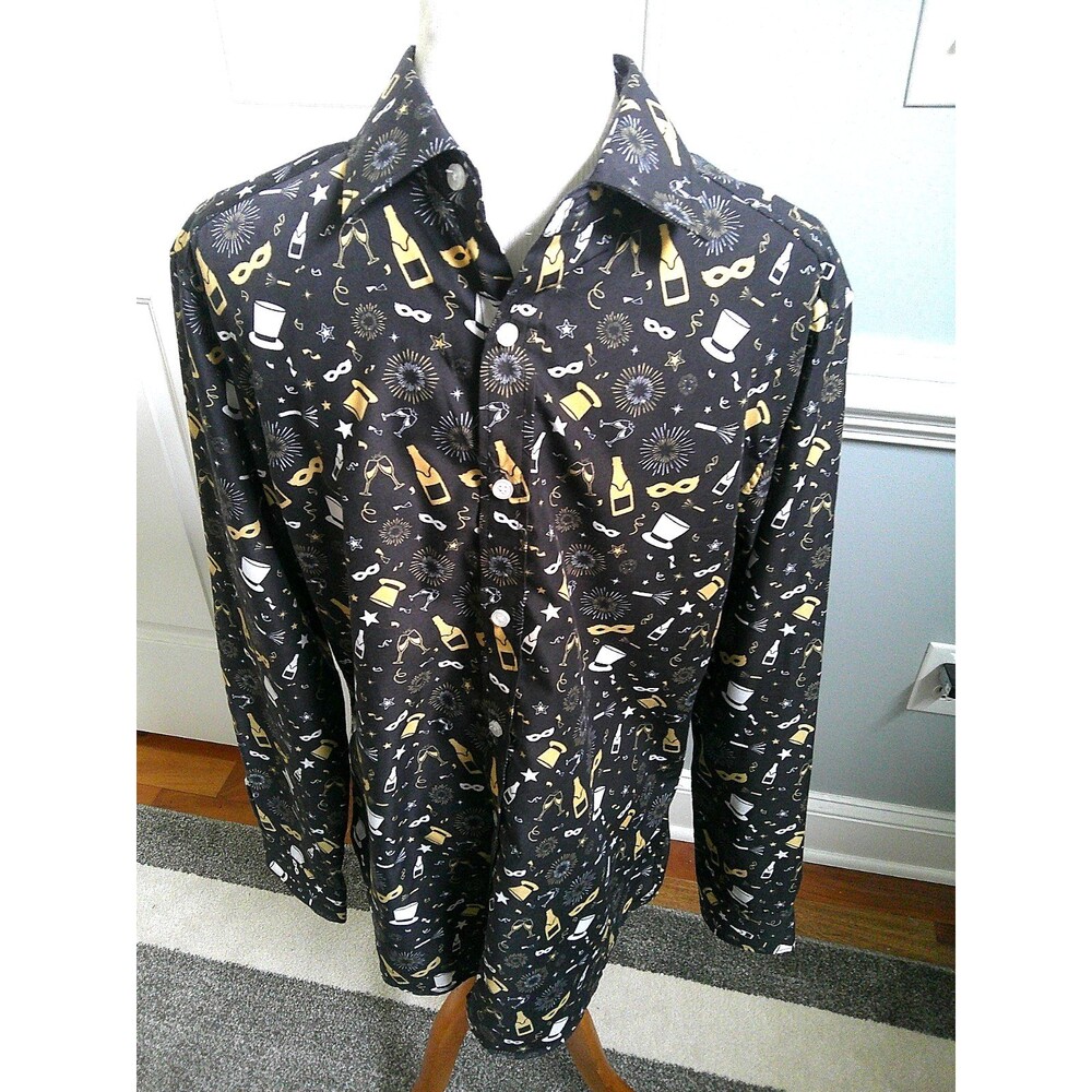 Simon Banks Black New Years Eve Print Long Sleeve Button Up Shirt Medium